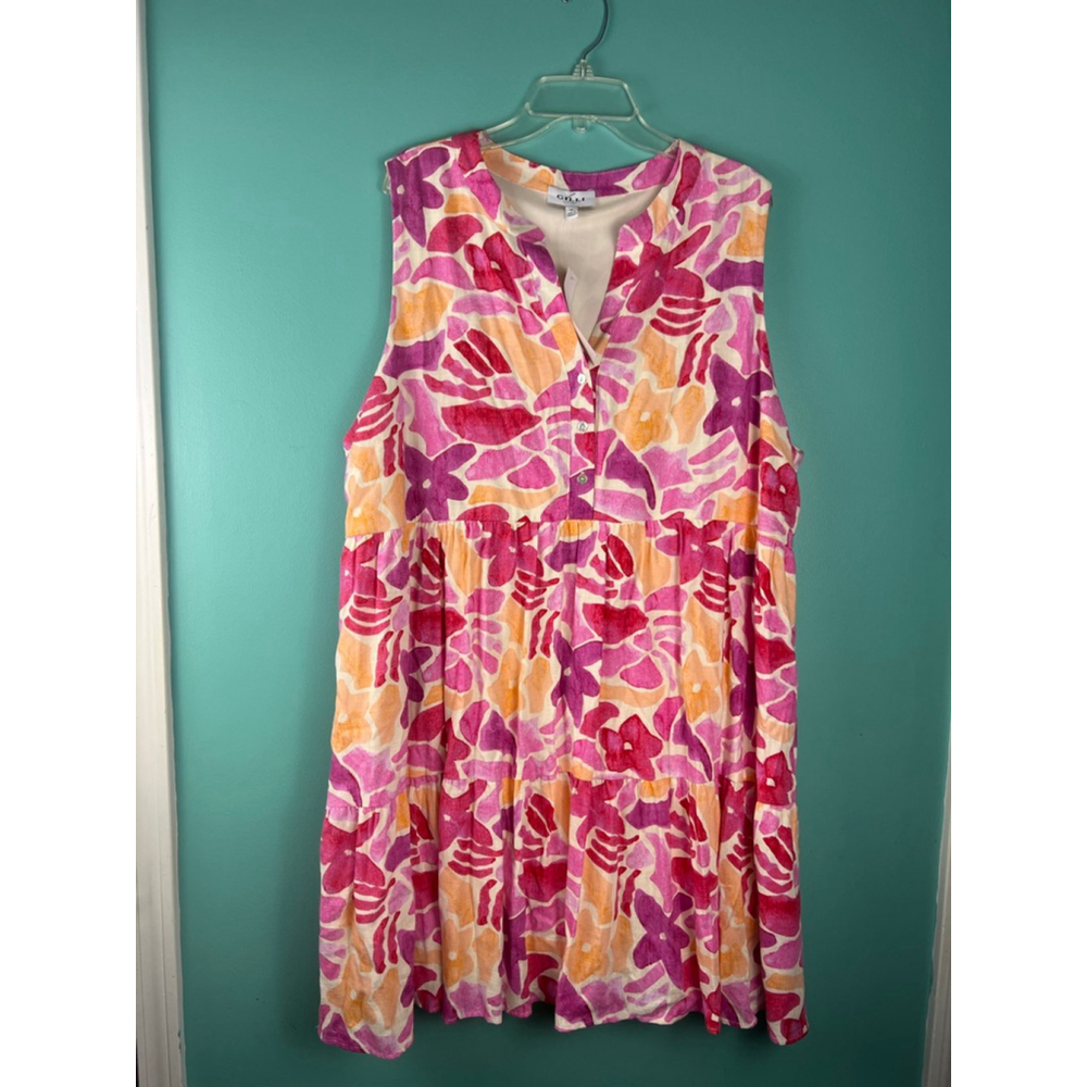 NWT Gilli Women's Plus 3X Floral Tiered Sleeveless Dress Pink Orange Linen Blend